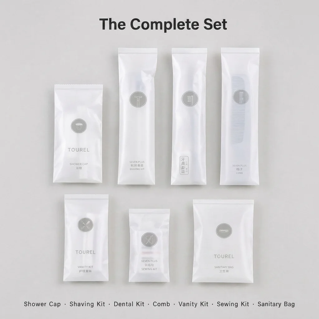 Set de Amenidades de Hotel Biodegradable PLA 7 Piezas Kit de Baño Desechable para Huéspedes Esenciales