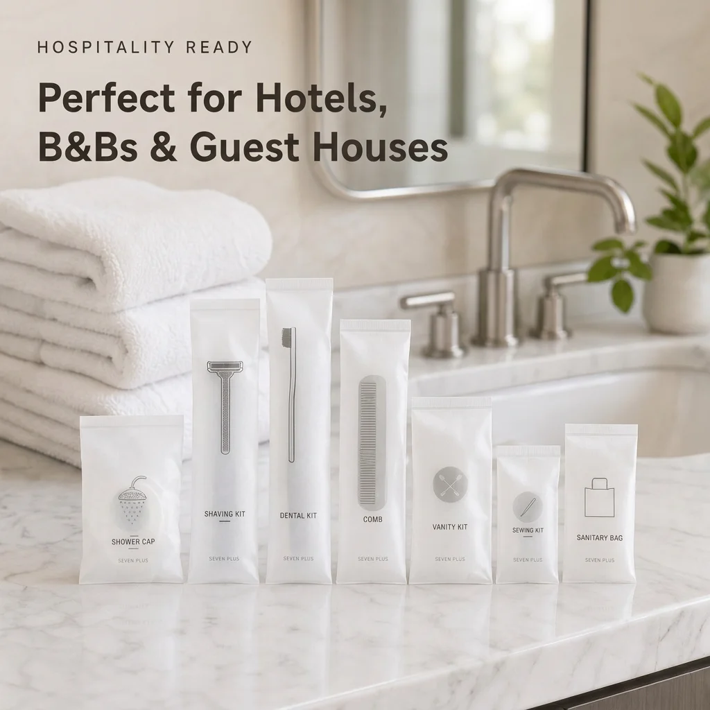 Set de Amenidades de Hotel Biodegradable PLA 7 Piezas Kit de Baño Desechable para Huéspedes Esenciales